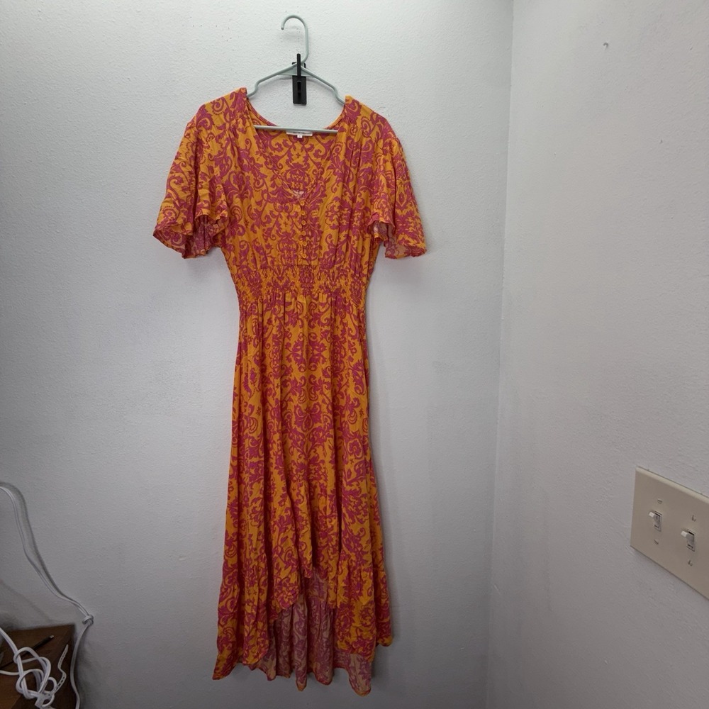 Abel The Label Anthropologie Maxi Dress Womens L Orange Smocked Tiered Boho